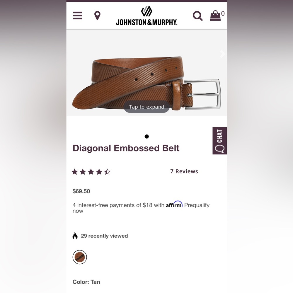 Johnston & Murphy diagonal Embossed Tan Belt